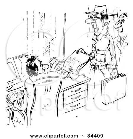 Royalty-Free (RF) Clipart Illustration of a Black And White Sketch Of An Investigator Handing Papers To A Businessman by Alex Bannykh