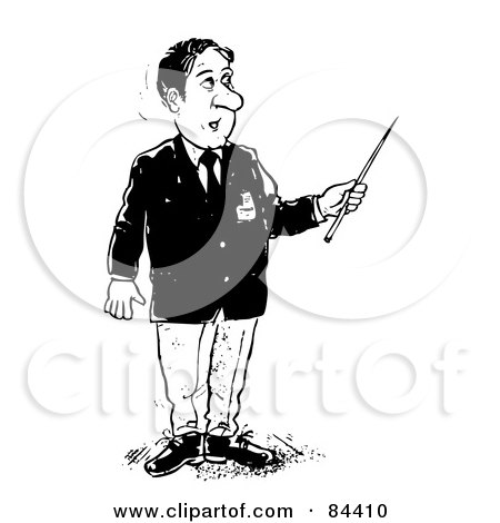 Royalty-Free (RF) Clipart Illustration of a Black And White Sketch Of A Businessman Holding A Lecture Stick by Alex Bannykh