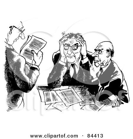 Royalty-Free (RF) Clipart Illustration of a Black And White Sketch Of Three Tired Businessman Going Over Documents by Alex Bannykh