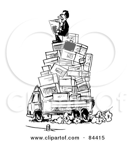 Royalty-Free (RF) Clipart Illustration of a Black And White Sketch Of A Business Man Reading A Newspaper On Top Of A Pile Of Boxes In A Truck by Alex Bannykh