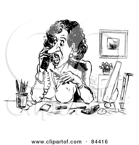 Royalty-Free (RF) Clipart Illustration of a Black And White Sketch Of A Shocked Secretary Talking On A Phone by Alex Bannykh