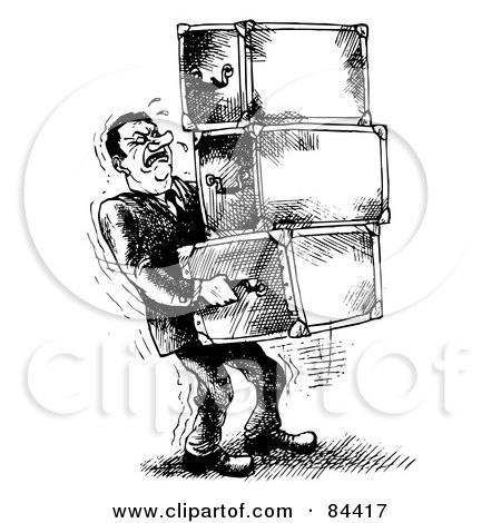 Royalty-Free (RF) Clipart Illustration of a Black And White Sketch Of A Sweaty Man Carrying Heavy Chests by Alex Bannykh