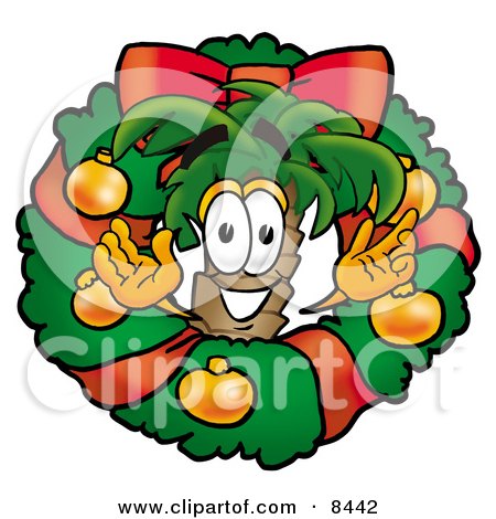 Clipart Picture of a Palm Tree Mascot Cartoon Character in the Center of a Christmas Wreath by Mascot Junction