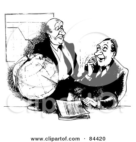 Royalty-Free (RF) Clipart Illustration of a Black And White Sketch Of Businessmen Talking Around A Globe And Chart by Alex Bannykh