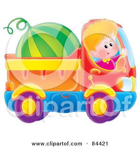 Royalty-Free (RF) Clipart Illustration of a Happy Boy Waving And Driving A Watermelon In A Dump Truck by Alex Bannykh