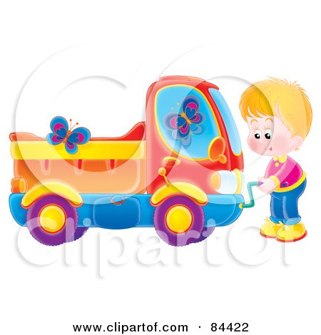 Royalty-Free (RF) Clipart Illustration of a Butterflies Fluttering Around A Boy Crank Starting His Dump Truck by Alex Bannykh