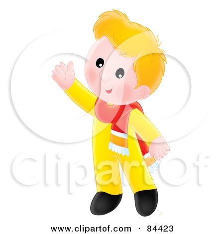 Royalty-Free (RF) Clipart Illustration of a Happy Blond Boy Wearing A Scarf And Waving by Alex Bannykh
