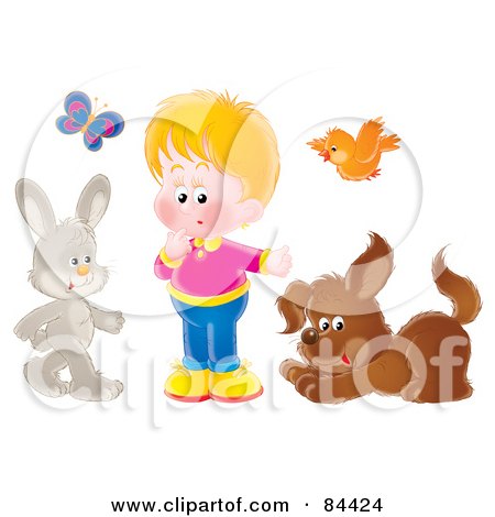 Royalty-Free (RF) Clipart Illustration of a Little Boy With A Butterfly, Bird, Rabbit And Dog by Alex Bannykh