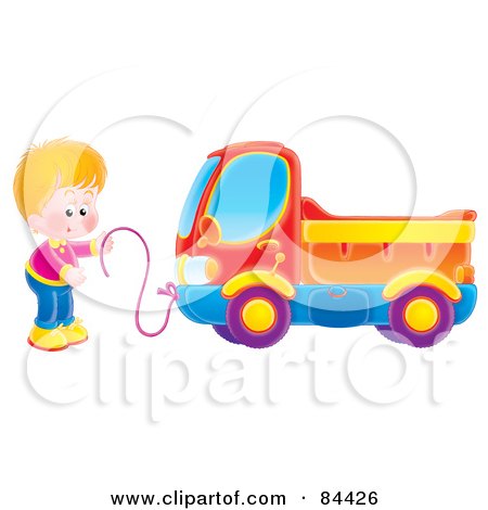 Royalty-Free (RF) Clipart Illustration of a Little Boy Pulling His Dump Truck With A String by Alex Bannykh