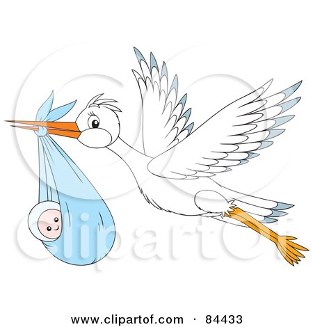 Royalty-Free (RF) Clipart Illustration of a Flying White Stork With A Baby Boy In A Sack by Alex Bannykh