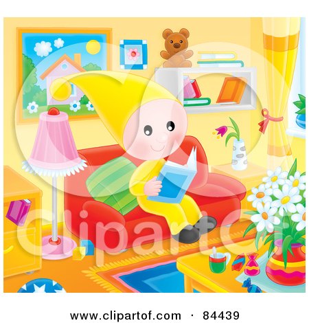 Royalty-Free (RF) Clipart Illustration of a Happy Little Elf Reading A Book In A Living Room by Alex Bannykh