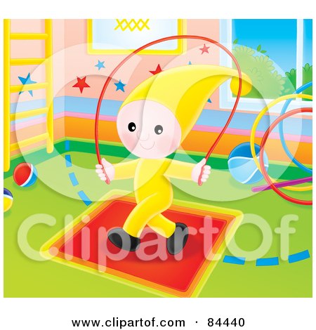 Royalty-Free (RF) Clipart Illustration of a Little Elf Child Jumping Rope In A Play Room by Alex Bannykh
