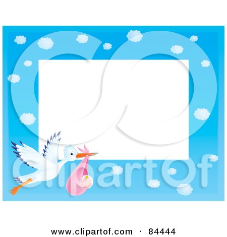 Royalty-Free (RF) Clipart Illustration of a Horizontal Cloudy Blue Sky And Stork Carrying A Baby Girl Border Around White Space by Alex Bannykh