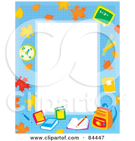 Royalty-Free (RF) Clipart Illustration of a Vertical Educational Border With Leaves, A Clock, Books And Backpack Around White Space by Alex Bannykh