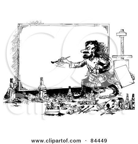 Royalty-Free (RF) Clipart Illustration of a Black And White Sketch Of An Artist Painting On A Large Blank Canvas by Alex Bannykh