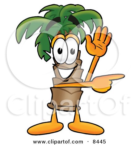 Clipart Picture of a Palm Tree Mascot Cartoon Character Waving and Pointing by Mascot Junction