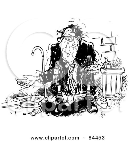 Royalty-Free (RF) Clipart Illustration of a Black And White Sketch Of A Beat Up Old Man Begging For Money On A Sidewalk by Alex Bannykh