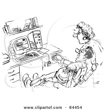 Royalty-Free (RF) Clipart Illustration of a Black And White Sketch Of An Old Couple Trying To Use A Computer by Alex Bannykh