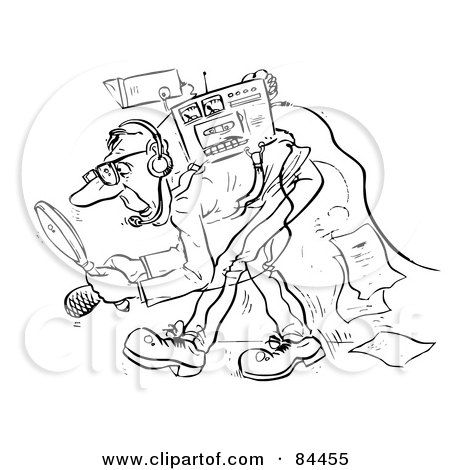 Royalty-Free (RF) Clipart Illustration of a Black And White Sketch Of An Investigator With Equipment by Alex Bannykh