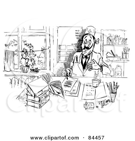Royalty-Free (RF) Clipart Illustration of a Black And White Sketch Of A Bandaged Man Writing Notes by Alex Bannykh
