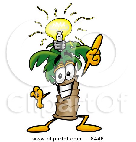 Clipart Picture of a Palm Tree Mascot Cartoon Character With a Bright Idea by Mascot Junction