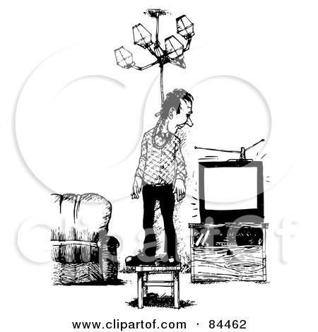 Royalty-Free (RF) Clipart Illustration of a Black And White Sketch Of A Man Trying To Hang Himself From A Chandelier by Alex Bannykh