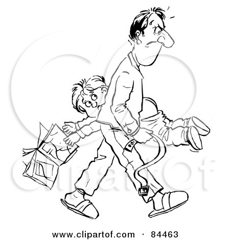 Royalty-Free (RF) Clipart Illustration of a Black And White Sketch Of A Mad Father Carrying His Bare Bottomed Son And A Belt by Alex Bannykh
