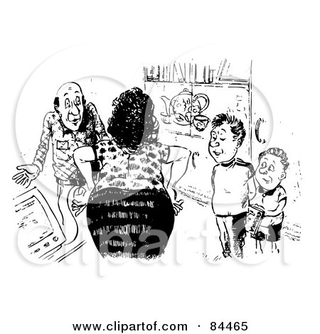Royalty-Free (RF) Clipart Illustration of a Black And White Sketch Of A Stern Woman Lecturing Her Sons And Husband by Alex Bannykh