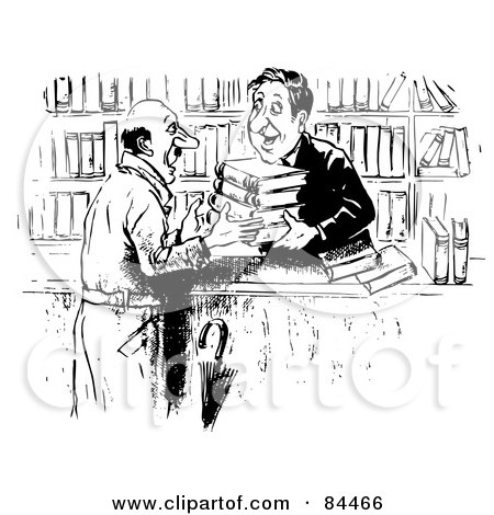 Royalty-Free (RF) Clipart Illustration of a Black And White Sketch Of A Kind Man Selling Books by Alex Bannykh