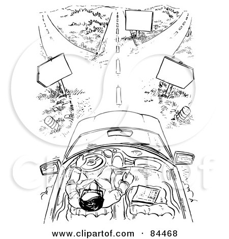 Royalty-Free (RF) Clipart Illustration of a Black And White Sketch Of A Man Driving Towards A Fork In The Road by Alex Bannykh