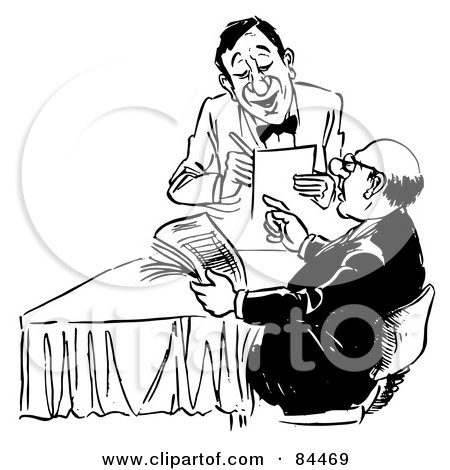 Royalty-Free (RF) Clipart Illustration of a Black And White Sketch Of A Pleasant Waiter Taking An Order From A Man by Alex Bannykh