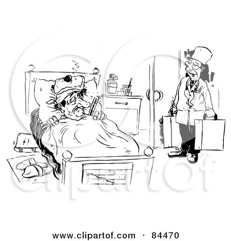 Royalty-Free (RF) Clipart Illustration of a Black And White Sketch Of A Doctor Checking In On A Sick Patient by Alex Bannykh