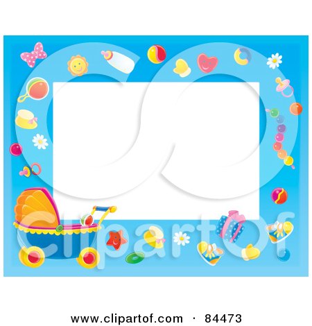 Royalty-Free (RF) Clipart Illustration of a Horizontal Baby Border With Baby Objects And A Carriage Around White Space by Alex Bannykh
