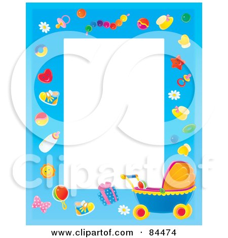 Royalty-Free (RF) Clipart Illustration of a Vertical Baby Border With Baby Objects And A Carriage Around White Space by Alex Bannykh