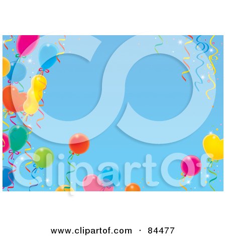 Royalty-Free (RF) Clipart Illustration of a Blue Sky Background With A Border Of Colorful Party Balloons And Ribbons by Alex Bannykh