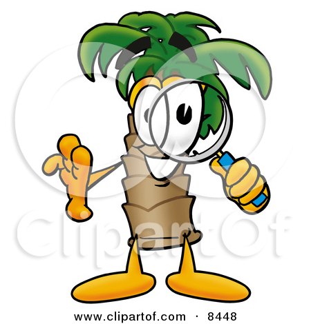 Clipart Picture of a Palm Tree Mascot Cartoon Character Looking Through a Magnifying Glass by Mascot Junction