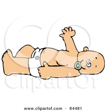 Royalty-Free (RF) Clipart Illustration of a Caucasian Baby In A Diaper, Laying On Its Back, Sucking On A Pacifier And Waving by djart