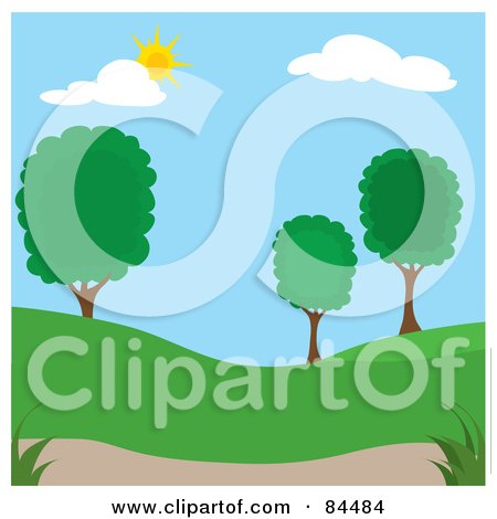 Royalty-Free (RF) Clipart Illustration of a Sun Shining Down On A Spring Time Park With Trees - Version 2 by Pams Clipart