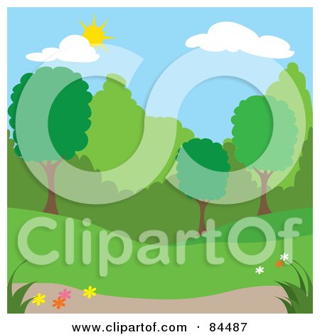 Royalty-Free (RF) Clipart Illustration of a Sun Shining Down On A Spring Time Park With Trees - Version 3 by Pams Clipart