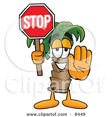 Clipart Picture of a Palm Tree Mascot Cartoon Character Holding a Stop Sign by Mascot Junction