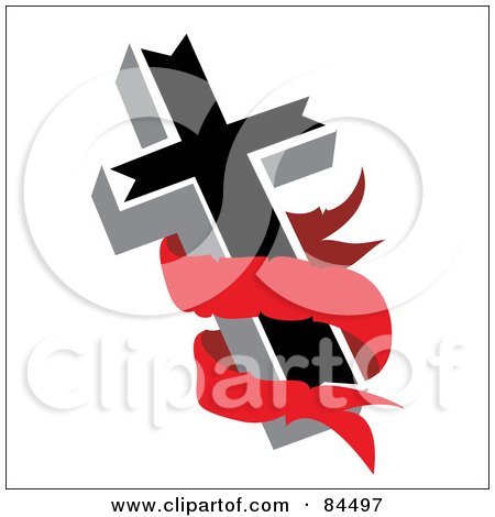 Royalty-Free (RF) Clipart Illustration of a Blank Red Banner Around A Black Cross by Pams Clipart