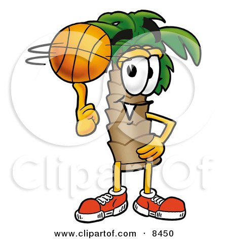 Clipart Picture of a Palm Tree Mascot Cartoon Character Spinning a Basketball on His Finger by Mascot Junction