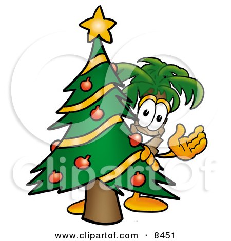 Clipart Picture of a Palm Tree Mascot Cartoon Character Waving and Standing by a Decorated Christmas Tree by Mascot Junction