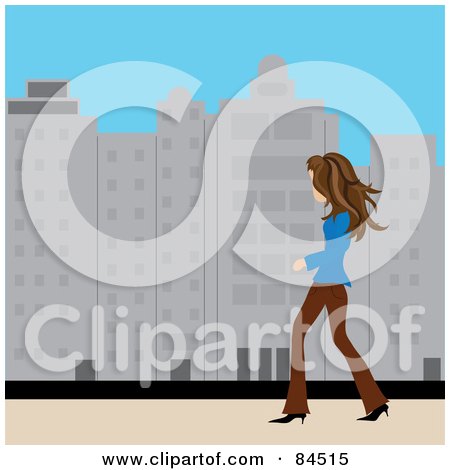 Royalty-Free (RF) Clipart Illustration of a Casual Brunette Caucasian Woman Walking On A City Sidewalk During The Day by Pams Clipart