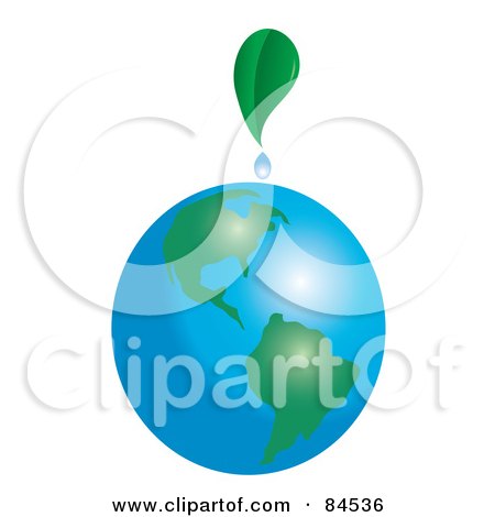 Royalty-Free (RF) Clipart Illustration of a Green Leaf Dripping Dew On Planet Earth by Pams Clipart