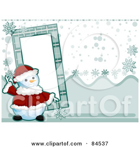 Royalty-Free (RF) Clipart Illustration of a Christmas Snowman In A Santa Suit By A Frame Over A Snowy Background by BNP Design Studio