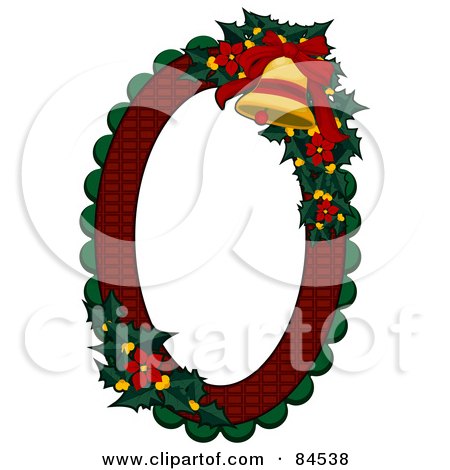 Royalty-Free (RF) Clipart Illustration of an Oval Christmas Frame With Holly, Poinsettias And A Bell by BNP Design Studio