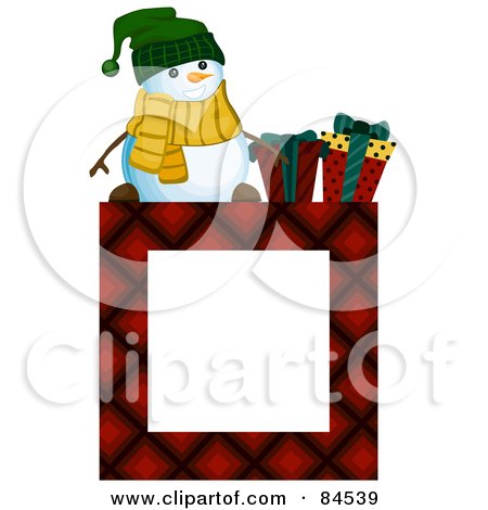 Royalty-Free (RF) Clipart Illustration of a Red Square Christmas Frame With A Snowman And Presents by BNP Design Studio