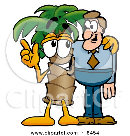 Clipart Picture of a Palm Tree Mascot Cartoon Character Talking to a Business Man by Mascot Junction
