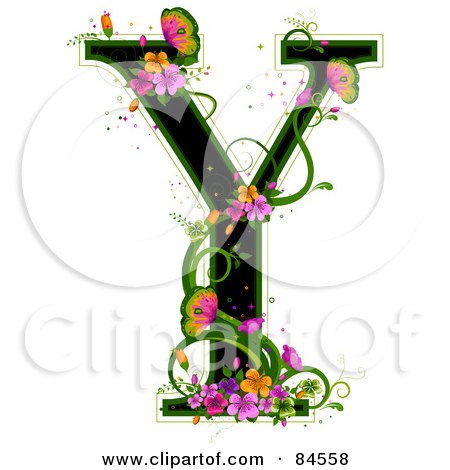 Royalty-Free (RF) Clipart Illustration of a Black Capital Letter Y Outlined In Green, With Colorful Flowers And Butterflies by BNP Design Studio